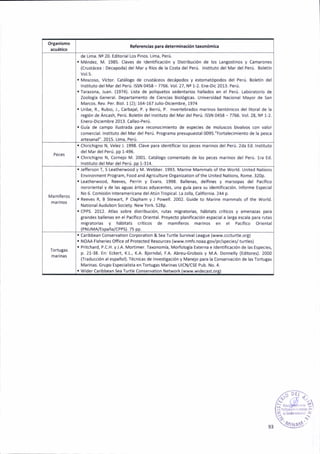 Ref€rénclai pára determ¡n¡clóñ taronóml.a
de Lima. Nt 20. Editor¡alLos Pinor. Lima, Perú.
. Ménde¡, M. 1985. Cl.ves de ldeñtif¡cación y Distr¡buc¡ón d€ lor Langofiño5 y Gmaroñ€s
(Crustácea : Decapoda) del lvlar y Rfos de l¿ Costa delPerú. lnrituto delMar delPerú. Eoletfn
r Mosco§o, Victor. Catálogo dé cru§táceos decápodos y estomatópodos del Perú. Boletín del
r.stituto delMar del Peni. ISSN 0¿58-7766. vo¡.27, Ne 1'2. Ene-Dic2013. Peni.
t Tara¿ona, luan. (1974). Lista de poliquetos redeñta,ios hallados en €l Perú. Láborátorio de
Zoologia GéneÉ|, D€panamento de Cienciar Biolót¡ca3, Un¡veuidád ñacio¡al Mayor de san
Marco§. Rev. Per. Biol. 1 (2)j 164-167rulio-Diclembre, 1974
. Uribe, R., Rubio, J.¡ Carbaial, P. y Eerrú, P. hvertebradot márinos bentónicos del litorál de l¿
Ésión de Ancash, Perl. Boletln delhetituto delMar delPerú. rSsN 0458- 7766. vol.28, Nc 1-2.
Enero-oiciembré 2013, Callao-Perú.
r Guia de cáñpo ilustrada pára reconocimieñto de esp€cies de ñoluscos bivalvos con valor
comercial. lrrituto del Mar del P€nj. ProSrama prerupuestal oogs."tortalecimiento de la pe§ca
arté§añ¿|". 2015. Lima, Pe.Ú.
. Chirichigno N, vele¿ J. 1998. Clavé p¿6 identificar los peces ru nos del Perú. 2da Ed. lnstituto
del Ma.del Perú. pp 1-496.
. Chnichigno N, cornejo M. 2001. C¡tálogo comentado de lor pecer marinos del Perú. lra Ed.
l¡sriruro délMá.d¿lPérú. óó 1-314
.leffeuon T, S Leatherwood y i¡. Webb€r. 1993. Máine Mámrnáls ofthe wodd. Uñited Natiors
Eñvironment Program, Food and ASriculture Org¿ñi¿átioñofthe United Nátlons, Rome.320p.
. Leatherwood, Reeves, Perrin v Eváñs. 1998. Balleñá!, delfiñes y m.rropas d€l Pacífi€o
nororlental y de l¿r aSuas árticas ady¿cente§, u¡á guía pára r! ideñtificaclón. l¡forme Especial
No 6. Comisión lnter¿mericana del Atú ñ rropicá|. Lálolla, Calfforni¿.2¿14 p.
¡ Reeves R, B Stewa.t, P Claphañ v I Pow€ll. 2@2. Guide to Má.ine mammah of the wold.
N¿tional Audubon Society, New York, 528p.
,CPPs.2012. Atl.s tob.€ distr¡bución, rutas m¡gratodas, hábitats critico§ y amenazas pará
erandes ballenas en el Pacfico Oriental. Proyecto planlicación espaciála lárga elcal. p.ra rutas
migratori¡s y hábitats criticos de ñamíf€ros mar¡nos en el Pácffi.o oriental
f PNUMA/EsDaña/cPP5). 7s DD.
. caribb€an co¡servataon corporation & sea Tu.tle surv¡val League (www.c(durtle.orS)
. NOM Fisheries Office of Prorected Resources (www.nmfs. noaa.tov/p/species/ turtles)
. Pritchard, P.C.H. yl.A. Mon¡r¡er. Taxonomía, Mo.fologi¡ Extema e ldentifi.ación de las Erpe.iet
p.21-38. En: Eckert, (.1., K.A.8lorndal, F.A. Abreu-Grobois y M.A. Doñnelly (Editores).2000
{Traducción al esp¿ñol). Iécnicas de lnvestitációny Mañejo pir.la Consetua.¡ón d€ lasTortugas
Marlnas. Grupo E§p€cialista enToñugas Mainar UICN/C5E Pub. No.4.
. w¡derCaribbean 5€¡ rurtte Conservation Network lmrw.widecaf.orr)
.-,;r'i51'.;
l:Ü, F ''i
lr' ':;; a'
,r't:l!.rtl
 