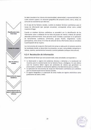 Phñm(¡dón do h
ae de d¡to5y
S.bor¿dórdc map¡.
lntspftú.dó. d€ 106
d¡tos y €labor-¿dón d.
5e debe consid€rar los crlterlos de estac¡onalidad, aleator¡edad y representatividad, los
cuales estarán sujetos a la ubicac¡ón geográf¡ca del proyecto (costá, sierrá, selva), así
como de los ecosistemas que abárcatá.
En el caso de los factoreS soalales, auando se emplean técn¡cas cuantitativas pará el
recojo de iñformac¡ón (por ejemplo encuestas), corresponde utilizar como unidad
muestralelhogar,
Cuando se emplean técñ¡cas cualltat¡vás se procederá con la ¡d€ntificac¡ón de los
informantes clave o válidac¡ón de las l¡stas d€ grupos de interés o lÍderes de opin¡ón
obt€n¡das preliminarmente, Estes personás serán ¡ñv¡tadas a participar en la ap¡¡cacaóñ
de herramientas cualitet¡vas (€ntrevist6s, grupos focales¡ diaSnóstiaos rural€s
participativos, eñtre otros). Eñ la fase de selección de los informentes cláve se cons¡dera
la p¿rticipación de las mujeres.
Los instrumentos d€ recojo de ¡nformación de campose adecuárán alcontexto soc¡alde
las loca¡¡dades donde se desarrollan los proyectos¡ ya sean¡ comunidades campes¡nas o
nat¡vas, caseríos, asentamientos humenos o centros poblados (eñfoque intercultura¡).
4.2.4 Recolección de lnformación
Dependiendo delfactor que será caÉcterizado, estas adiv¡dades corespoñden á:
. ta observación o reg¡stro de ev¡dencias d¡rectas e ind¡r€cias y la recolección de
muest.¿s para la caracterjzación de los fador€s filsicos y biológicos. En este últ¡mo
caso las muestras deben reg¡rse por protocolos de co¡ecta que Saranticen su
p.eservac¡ón ytraslado en condic¡ones óptimes a los leboratorios párá su anális¡s;
. [a aplicación de instrumentos de recojo de ¡nforñac¡ón cuántitativa y/o cualitativa
para la cara.ter¡¿ác¡óñ de los factores soc¡ales.
. El registro fotoSráf¡co y le apllcac¡óñ de otros med¡os de registro electrón¡co coño
grebac¡ones de audio y video.
19
 
