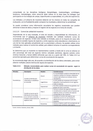 comprobado en la5 d¡sc¡pl¡nas biológ¡cas (herpetólo8os, mastozoólo8oe, ornitólotot
botánicos, hidrobiólogos, entre otros).Se debe indicar en la línea base los b¡ólogos que
paniciparon en los trabajos de campo, especificando su especial¡dad, rol y años de experiencia.
los métodos y el esfuerzo de muestreo deberán ser los m¡smos en todas las campañas de
evaluáción, con la finalidad de poder comparar los resultados y determ¡nar la var¡abil¡dad.
Se puede cons¡derar como información secudar¡a ¡os registros ocasiona¡es que pueden
álimentár la base de datos y mejorar el retistro de las especies en el área de estudio.
2.0.2.2.9 Coñtrolde cál¡dad del muestreo
Depend¡endo de la taxa evaluadá, el área de estud¡o y d¡sponibil¡dad de información, se
recomienda que el gslu.eI¿9__dg_!l-Ug$tefl realizado sea vál¡dado mediante curvas de
acumulac¡ón de especies. S¡ bien este método es l¡mitado, pues en la máyoría de casos sólo
considera la var¡able aiqueza de espec¡es y om¡te aspectos como abundanc¡a o dominancia, es
uno de los más aplicados actualmente por su practicidad y ef¡cac¡a. Se pueden utilizar otros
métodos para realizar el control de cal¡dad, pero deberá ¡nclu¡rse el sustento correspond¡ente
y la fuente.
Se determ¡ña que uñ muestreo es representat¡vo cuando a través de la curva se alcanza un
alto porcentaje del total de especies teórico calculado (asíntota), alguños ¿utores como
,¡ménez-Valverde y Hortal (2003) refir¡endo que esto es a part¡r del 70%. En Tabla 2.0-3 se
presentan ejemplos para determinar curvas de acumulación de especies.
5e recom¡enda eleg¡r sólo uno. de acuerdo a la distribuc¡ón de los datos colectados, para evitar
obtener múlt¡ples valores téór¡cos de riqueza de especies.
foblo 2.O"3: Métodos ¡eco,nendados lmft rcol¡lot cutvds de ocumuloclón d¿ espeaies según lo
d¡s¡ bución de lós dot6
eij 't; ;
rf-s, -É
(z ^r
x<ru97
cuando la distribucióñ
matemática o estadistica
Es rccomendable €uañdo la intensidád de l.s
muestr¿s ca mb¡a e. el ti€m po y deseámos
conocérqué esfu€rzo e¡ uempo minimo
Es útilcuando los muestreos sonenáreas
pequeñas y eventualmeñte se van registrar
5€ utili¿a cuañdoelárea es rnuygrañde o los
s.uoos sn ooco conocidos
cuando 5e arume que la
disribución de los dato§
¡o es normalo conocidá.
Empleán proporcioner de
Chao 2
Erima elnúméro de erpeciee espeGdas
consider¿ndo la relacióñ eitre elnúm€.o dé
especiesúnicásyel¡úmerodeespecies
coñpa.tidas en dos muestrás
Conside.a elñúmero de especies que
solamente ocuren éñ uná muest.ao
además de latqueocur€n €n lolo dos
Est¡ma la riqúe¿aa panirde la proporción de
muestras ou€ contienén cad¡ €soecie
Íuente: Jiñén.z'Valverde y Honal, 2@3.
 