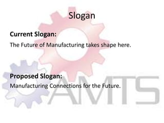 SloganCurrent Slogan:The Future of Manufacturing takes shape here.Proposed Slogan:Manufacturing Connections for the Future.