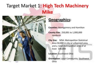Target Market 1: High Tech Machinery MikeGeographics:Counties: Montgomery and HamiltonCounty Size:  250,001 to 1,000,000 residentsCity Size:    MSA: Metropolitan Statistical Area 50,000 in city or urbanized area, and a  total metropolitan area of at least 	100,000Location: Southwest OhioOrientation: Local Community; Southwest Ohio