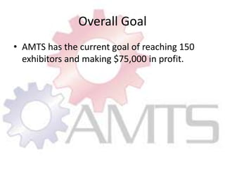 Overall GoalAMTS has the current goal of reaching 150 exhibitors and making $75,000 in profit.