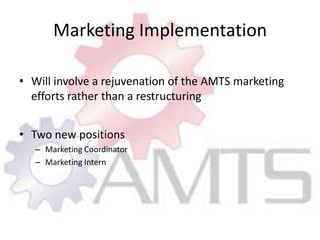 Marketing ImplementationWill involve a rejuvenation of the AMTS marketing efforts rather than a restructuringTwo new positionsMarketing CoordinatorMarketing Intern