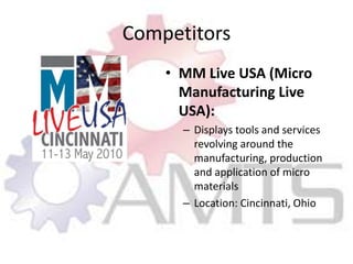 CompetitorsMM Live USA (Micro Manufacturing Live USA):Displays tools and services revolving around the manufacturing, production and application of micro materialsLocation: Cincinnati, Ohio