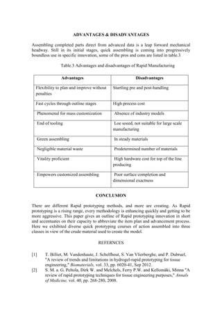 ADVANTAGES & DISADVANTAGES
Assembling completed parts direct from advanced data is a leap forward mechanical
headway. Still in its initial stages, quick assembling is coming into progressively
boundless use in specific innovation, some of the pros and cons are listed in table.3
Table.3 Advantages and disadvantages of Rapid Manufacturing
CONCLUSION
There are different Rapid prototyping methods, and more are creating. As Rapid
prototyping is a rising range, every methodology is enhancing quickly and getting to be
more aggressive. This paper gives an outline of Rapid prototyping innovation in short
and accentuates on their capacity to abbreviate the item plan and advancement process.
Here we exhibited diverse quick prototyping courses of action assembled into three
classes in view of the crude material used to create the model.
REFERNCES
[1] T. Billiet, M. Vandenhaute, J. Schelfhout, S. Van Vlierberghe, and P. Dubruel,
"A review of trends and limitations in hydrogel-rapid prototyping for tissue
engineering," Biomaterials, vol. 33, pp. 6020-41, Sep 2012.
[2] S. M. a. G. Peltola, Dirk W. and Melchels, Ferry P.W. and Kellomäki, Minna "A
review of rapid prototyping techniques for tissue engineering purposes," Annals
of Medicine, vol. 40, pp. 268‐280, 2008.
Advantages Disadvantages
Flexibility to plan and improve without
penalties
Startling pre and post-handling
Fast cycles through outline stages High process cost
Phenomenal for mass customization Absence of industry models
End of tooling Loe soeed, not suitable for large scale
manufacturing
Green assembling In steady materials
Negligible material waste Predetermined number of materials
Vitality proficient High hardware cost for top of the line
producing
Empowers customized assembling Poor surface completion and
dimensional exactness
 