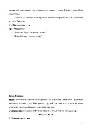 кульку мрії та намалюйте на ній свою мрію, користуючись фломастерами. (Діти
виконують.)
Давайте об’єднаємо наші кульки в великий оберемок. Нехай здійсняться
всі наші бажання.
ІІІ. Підсумок заняття
Гра «Мікрофон»
- Якими ви були сьогодні на занятті?
- Що найбільше запам’яталось?
Тема: Іграшки
Мета: Розвивати вміння спостерігати за ознаками предметів, розвивати
мислення, пам'ять, уяву. Виховувати дружні стосунки між дітьми, бажання
ділитися іграшками, бережно до них відноситись.
Обладнання: оповідання О Буценя «Новий м’яч», іграшки, олівці, папір.
ХІД ЗАНЯТТЯ
І. Підготовча частина
31
 