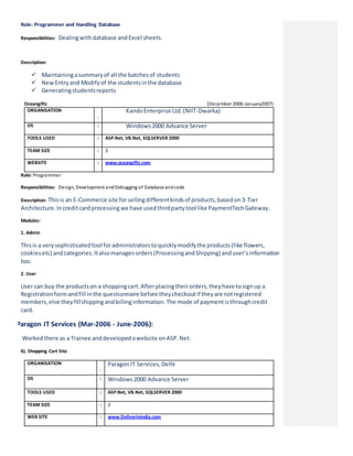 Role: Programmer and Handling Database
Responsibilities: Dealingwithdatabase andExcel sheets.
Description:
 Maintainingasummaryof all the batchesof students
 NewEntryand Modifyof the studentsinthe database
 Generatingstudentsreports
Oceangiftz (December 2006-January2007)
ORGANISATION
:
KandoEnterprise Ltd.(NIIT-Dwarka)
OS : Windows2000 Advance Server
TOOLS USED : ASP.Net, VB.Net, SQLSERVER 2000
TEAM SIZE : 3
WEBSITE : www.oceangiftz.com
Role: Programmer
Responsibilities: Design, Development andDebugging of Database andcode
Description: Thisis an E-Commerce site forsellingdifferentkindsof products,basedon3-Tier
Architecture.Increditcardprocessingwe have usedthirdpartytool like PaymentTechGateway.
Modules:
1. Admin
Thisis a verysophisticatedtool foradministratorstoquicklymodifythe products(like flowers,
cookiesetc) andcategories.Italsomanagesorders(ProcessingandShipping) anduser’sinformation
too.
2. User
User can buy the productson a shoppingcart.Afterplacingtheirorders,theyhave tosignup a
Registrationformandfill inthe questionnaire before theycheckoutif theyare notregistered
members,else theyfillshippingandbillinginformation.The mode of paymentisthroughcredit
card.
Paragon IT Services (Mar-2006 - June-2006):
Workedthere as a Trainee anddevelopedawebsite onASP.Net.
6). Shopping Cart Site
ORGANISATION
:
ParagonIT Services,Delhi
OS : Windows2000 Advance Server
TOOLS USED : ASP.Net, VB.Net, SQLSERVER 2000
TEAM SIZE : 2
WEB SITE : www.Deliverinindia.com
 