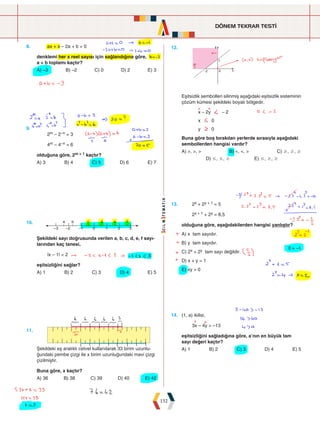 DÖNEM TEKRAR TESTİ
152
8. ax + x – 2a + b = 0
denklemi her x reel sayısı için sağlandığına göre,
a + b toplamı kaçtır?
A) –3 B) –2 C) 0 D) 2 E) 3
12.		





Eşitsizlik sembolleri silinmiş aşağıdaki eşitsizlik sisteminin
çözüm kümesi şekildeki boyalı bölgedir.
...
...
...
x y
x
y
2 2
0
0
- -
Buna göre boş bırakılan yerlerde sırasıyla aşağıdaki
sembollerden hangisi vardır?
A) , ,  B) , ,  C) $, $, $
D) #, #, $ E) #, $, $
9.
		 2m – 2–n = 3
4m – 4–n = 6
olduğuna göre, 2m + 1 kaçtır?
A) 3 B) 4 C) 5 D) 6 E) 7
13. 2x + 2y + 1 = 5
2x + 1 + 2y = 8,5
olduğuna göre, aşağıdakilerden hangisi yanlıştır?
A) x tam sayıdır.
B) y tam sayıdır.
C) 2x + 2y tam sayı değildir.
D) x + y = 1
E) xy  0
10.
 
     
    
Şekildeki sayı doğrusunda verilen a, b, c, d, e, f sayı-
larından kaç tanesi,
|x – 1|  2
eşitsizliğini sağlar?
A) 1 B) 2 C) 3 D) 4 E) 5
14. (1, a) ikilisi,
3x – 4y  –13
eşitsizliğini sağladığına göre, a'nın en büyük tam
sayı değeri kaçtır?
A) 1 B) 2 C) 3 D) 4 E) 5
11.
Şekildeki eş aralıklı cetvel kullanılarak 33 birim uzunlu-
ğundaki pembe çizgi ile x birim uzunluğundaki mavi çizgi
çizilmiştir.
Buna göre, x kaçtır?
A) 36 B) 38 C) 39 D) 40 E) 42
 