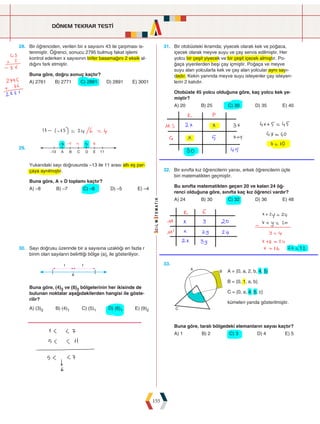DÖNEM TEKRAR TESTİ
155
28. Bir öğrenciden, verilen bir x sayısını 43 ile çarpması is-
tenmiştir. Öğrenci, sonucu 2795 bulmuş fakat işlemi
kontrol ederken x sayısının birler basamağını 2 eksik al-
dığını fark etmiştir.
Buna göre, doğru sonuç kaçtır?
A) 2761 B) 2771 C) 2881 D) 2891 E) 3001
31. Bir otobüsteki ikramda; yiyecek olarak kek ve poğaca,
içecek olarak meyve suyu ve çay servis edilmiştir. Her
yolcu bir çeşit yiyecek ve bir çeşit içecek almıştır. Po-
ğaça yiyenlerden beşi çay içmiştir. Poğaça ve meyve
suyu alan yolcularla kek ve çay alan yolcular aynı sayı-
dadır. Kekin yanında meyve suyu isteyenler çay isteyen-
lerin 2 katıdır.
Otobüste 45 yolcu olduğuna göre, kaç yolcu kek ye-
miştir?
A) 20 B) 25 C) 30 D) 35 E) 40
29.
      
Yukarıdaki sayı doğrusunda –13 ile 11 arası altı eş par-
çaya ayrılmıştır.
Buna göre, A + D toplamı kaçtır?
A) –8 B) –7 C) –6 D) –5 E) –4
32. Bir sınıfta kız öğrencilerin yarısı, erkek öğrencilerin üçte
biri matematikten geçmiştir.
Bu sınıfta matematikten geçen 20 ve kalan 24 öğ-
renci olduğuna göre, sınıfta kaç kız öğrenci vardır?
A) 24 B) 30 C) 32 D) 36 E) 48
30. Sayı doğrusu üzerinde bir a sayısına uzaklığı en fazla r
birim olan sayıların belirttiği bölge (a)r ile gösteriliyor.
a
r r
Buna göre, (4)3 ve (8)3 bölgelerinin her ikisinde de
bulunan noktalar aşağıdakilerden hangisi ile göste-
rilir?
A) (3)2 B) (4)1 C) (5)1 D) (6)1 E) (9)2
33.



A = {0, a, 2, b, 4, 5}
B = {0, 1, a, b}
C = {0, a, 4, 5, c}
kümeleri yanda gösterilmiştir.
Buna göre, taralı bölgedeki elemanların sayısı kaçtır?
A) 1 B) 2 C) 3 D) 4 E) 5
 