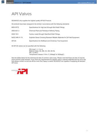 23
API Valves
SEAWAVE only supplies the highest quality API 6A Products
All products have been designed to be strictly in accordance with the following standards:
MSS‐SP75 Speciﬁcations for High test Wrought Butt Weld Fittings.
ANSI B31.3 Chemical Plant and Petroleum Reﬁnery Piping.
ANSI 16.9 Factory made Wrought Steel Butt Weld Fittings.
NACE MR‐01‐75 Sulphide Stress Cracking Resistant Metallic Materials for Oil Field Equipment.
API 6A Speciﬁcations for Wellhead and Christmas Tree Equipment.
All API 6A valves can be speciﬁed with the following:
PSL level 1, 2, 3 or 4
Material Class, AA, BB, CC, DD, EE‐NL
PR‐1 or PR‐2
Temperature classes: K thru Y (‐60degC to 345degC)
See the tables below for the dimensional data of common valve sizes. Please note that these are lists of only the
most common sizes stocked. If you have any requirements for speciﬁc sizes or special materials that are not in the
lists please contact us and we will be more than happy to assist.SEAWAVE are capable of supplying all standard
API sizes.
 
