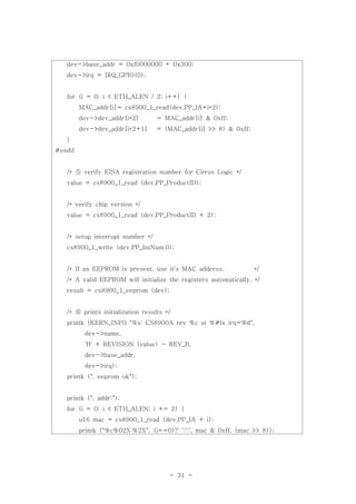 - 31 -
dev->base_addr = 0xf0000000 + 0x300;
dev->irq = IRQ_GPIO(0);
for (i = 0; i < ETH_ALEN / 2; i++) {
MAC_addr[i]= cs8900_1_read(dev,PP_IA+i*2);
dev->dev_addr[i*2] = MAC_addr[i] & 0xff;
dev->dev_addr[i*2+1] = (MAC_addr[i] >> 8) & 0xff;
}
#endif
/* verify EISA registration number for Cirrus Logic */⑤
value = cs8900_1_read (dev,PP_ProductID);
/* verify chip version */
value = cs8900_1_read (dev,PP_ProductID + 2);
/* setup interrupt number */
cs8900_1_write (dev,PP_IntNum,0);
/* If an EEPROM is present, use it's MAC address. */
/* A valid EEPROM will initialize the registers automatically. */
result = cs8900_1_eeprom (dev);
/* prints initialization results */⑥
printk (KERN_INFO "%s: CS8900A rev %c at %#lx irq=%d",
dev->name,
'B' + REVISION (value) - REV_B,
dev->base_addr,
dev->irq);
printk (", eeprom ok");
printk (", addr:");
for (i = 0; i < ETH_ALEN; i += 2) {
u16 mac = cs8900_1_read (dev,PP_IA + i);
printk ("%c%02X:%2X", (i==0)?' ':':', mac & 0xff, (mac >> 8));
 