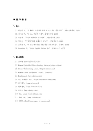 - 51 -
참 고 문 헌■
도서1.
이상근 역 임베디드 개발자를 위한 리눅스 커널 심층 분석 에이콘출판사[1] , “ ”, , 2004
심마로 역 리눅스 커널의 이해 한빛미디어[2] , “ ”, , 2003
유영창 리눅스 디바이스 드라이버 한및미디어[3] , “ ”, , 2004
박재호 임베디드 리눅스 한빛미디어[4] , “IT EXPERT ”, , 2003
조유근 외 리눅스 매니아를 위한 커널 프로그래밍 교학사[5] , “ ”, , 2002
외[6] Jonathan , “Linux Device Driver 3rd”, O'REILLY, 2005
웹 사이트1.
코어벨[1] , (www.corebell.co.kr)
[2] Korea Embedded Linux Project, (kelp.or.kr/korweblog)
[3] Cross-Referencing Linux, (http://lxr.linux.no/)
[4] Korea Linux Documents Project, (kldp.org)
[5] KorOne.net, (www.korone.net)
월간 임베디드 월드[6] , (www.embeddedworld.co.kr)
하이버스[7] , (www.hybus.net)
한백전자[8] , (www.hanback.co.kr)
휴인스[9] , (www.huins.com)
[10] FA. Linux (www.falinux.com)
[11] Red Hat, (www.redhat.com)
[12] GNU official homepage, (www.gnu.org)
 