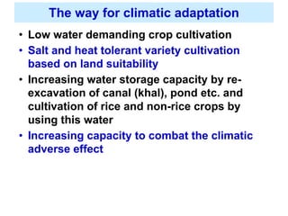 The way for climatic adaptation 
• Low water demanding crop cultivation 
• Salt and heat tolerant variety cultivation 
bas...