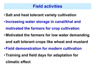 Field activities 
• Salt and heat tolerant variety cultivation 
• Increasing water storage in canal/khal and 
motivated th...