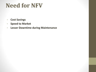 Need for NFV
• Cost Savings
• Speed to Market
• Lesser Downtime during Maintenance
 