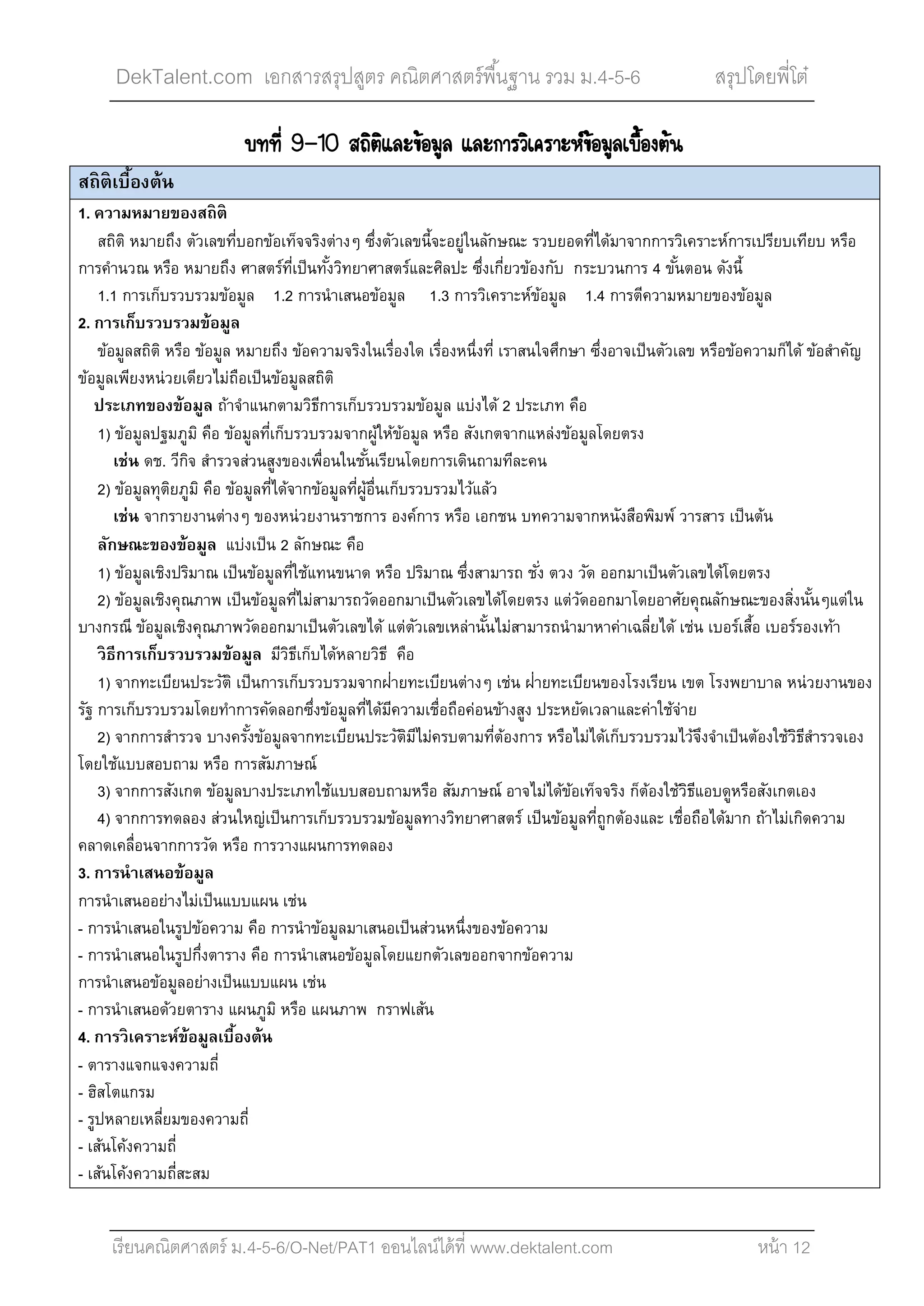 DekTalent.com เอกสารสรุปสูตร คณิตศาสตร์พื้นฐาน รวม ม.4-5-6 สรุปโดยพี่โต๋
เรียนคณิตศาสตร์ ม.4-5-6/O-Net/PAT1 ออนไลน์ได้ที่ www.dektalent.com หน้า 12
º··Õè 9-10 Ê¶ÔµÔáÅÐ¢ŒÍÁÙÅ áÅÐ¡ÒÃÇÔà¤ÃÒÐË¢ŒÍÁÙÅàº×éÍ§µŒ¹
สถิติเบื้องต้น
1. ความหมายของสถิติ
สถิติ หมายถึง ตัวเลขที่บอกข้อเท็จจริงต่างๆ ซึ่งตัวเลขนี้จะอยู่ในลักษณะ รวบยอดที่ได้มาจากการวิเคราะห์การเปรียบเทียบ หรือ
การคํานวณ หรือ หมายถึง ศาสตร์ที่เป็นทั้งวิทยาศาสตร์และศิลปะ ซึ่งเกี่ยวข้องกับ กระบวนการ 4 ขั้นตอน ดังนี้
1.1 การเก็บรวบรวมข้อมูล 1.2 การนําเสนอข้อมูล 1.3 การวิเคราะห์ข้อมูล 1.4 การตีความหมายของข้อมูล
2. การเก็บรวบรวมข้อมูล
ข้อมูลสถิติ หรือ ข้อมูล หมายถึง ข้อความจริงในเรื่องใด เรื่องหนึ่งที่ เราสนใจศึกษา ซึ่งอาจเป็นตัวเลข หรือข้อความก็ได้ ข้อสําคัญ
ข้อมูลเพียงหน่วยเดียวไม่ถือเป็นข้อมูลสถิติ
ประเภทของข้อมูล ถ้าจําแนกตามวิธีการเก็บรวบรวมข้อมูล แบ่งได้ 2 ประเภท คือ
1) ข้อมูลปฐมภูมิ คือ ข้อมูลที่เก็บรวบรวมจากผู้ให้ข้อมูล หรือ สังเกตจากแหล่งข้อมูลโดยตรง
เช่น ดช. วีกิจ สํารวจส่วนสูงของเพื่อนในชั้นเรียนโดยการเดินถามทีละคน
2) ข้อมูลทุติยภูมิ คือ ข้อมูลที่ได้จากข้อมูลที่ผู้อื่นเก็บรวบรวมไว้แล้ว
เช่น จากรายงานต่างๆ ของหน่วยงานราชการ องค์การ หรือ เอกชน บทความจากหนังสือพิมพ์ วารสาร เป็นต้น
ลักษณะของข้อมูล แบ่งเป็น 2 ลักษณะ คือ
1) ข้อมูลเชิงปริมาณ เป็นข้อมูลที่ใช้แทนขนาด หรือ ปริมาณ ซึ่งสามารถ ชั่ง ตวง วัด ออกมาเป็นตัวเลขได้โดยตรง
2) ข้อมูลเชิงคุณภาพ เป็นข้อมูลที่ไม่สามารถวัดออกมาเป็นตัวเลขได้โดยตรง แต่วัดออกมาโดยอาศัยคุณลักษณะของสิ่งนั้นๆแต่ใน
บางกรณี ข้อมูลเชิงคุณภาพวัดออกมาเป็นตัวเลขได้ แต่ตัวเลขเหล่านั้นไม่สามารถนํามาหาค่าเฉลี่ยได้ เช่น เบอร์เสื้อ เบอร์รองเท้า
วิธีการเก็บรวบรวมข้อมูล มีวิธีเก็บได้หลายวิธี คือ
1) จากทะเบียนประวัติ เป็นการเก็บรวบรวมจากฝ่ายทะเบียนต่างๆ เช่น ฝ่ายทะเบียนของโรงเรียน เขต โรงพยาบาล หน่วยงานของ
รัฐ การเก็บรวบรวมโดยทําการคัดลอกซึ่งข้อมูลที่ได้มีความเชื่อถือค่อนข้างสูง ประหยัดเวลาและค่าใช้จ่าย
2) จากการสํารวจ บางครั้งข้อมูลจากทะเบียนประวัติมีไม่ครบตามที่ต้องการ หรือไม่ได้เก็บรวบรวมไว้จึงจําเป็นต้องใช้วิธีสํารวจเอง
โดยใช้แบบสอบถาม หรือ การสัมภาษณ์
3) จากการสังเกต ข้อมูลบางประเภทใช้แบบสอบถามหรือ สัมภาษณ์ อาจไม่ได้ข้อเท็จจริง ก็ต้องใช้วิธีแอบดูหรือสังเกตเอง
4) จากการทดลอง ส่วนใหญ่เป็นการเก็บรวบรวมข้อมูลทางวิทยาศาสตร์ เป็นข้อมูลที่ถูกต้องและ เชื่อถือได้มาก ถ้าไม่เกิดความ
คลาดเคลื่อนจากการวัด หรือ การวางแผนการทดลอง
3. การนําเสนอข้อมูล
การนําเสนออย่างไม่เป็นแบบแผน เช่น
- การนําเสนอในรูปข้อความ คือ การนําข้อมูลมาเสนอเป็นส่วนหนึ่งของข้อความ
- การนําเสนอในรูปกึ่งตาราง คือ การนําเสนอข้อมูลโดยแยกตัวเลขออกจากข้อความ
การนําเสนอข้อมูลอย่างเป็นแบบแผน เช่น
- การนําเสนอด้วยตาราง แผนภูมิ หรือ แผนภาพ กราฟเส้น
4. การวิเคราะห์ข้อมูลเบื้องต้น
- ตารางแจกแจงความถี่
- ฮิสโตแกรม
- รูปหลายเหลี่ยมของความถี่
- เส้นโค้งความถี่
- เส้นโค้งความถี่สะสม
 