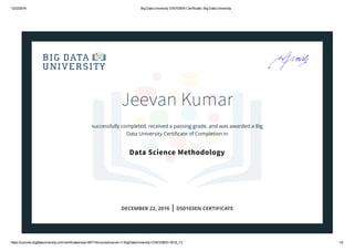 12/22/2016 Big Data University DS0103EN Certificate | Big Data University
https://courses.bigdatauniversity.com/certificates/user/567114/course/course­v1:BigDataUniversity+DS0103EN+2016_T2 1/2
Jeevan Kumar
successfully completed, received a passing grade, and was awarded a Big
Data University Certiﬁcate of Completion in
Data Science Methodology
DECEMBER 22, 2016 | DS0103EN CERTIFICATE
 