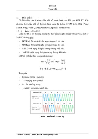ĐỒ ÁN 3
Trang 3/26
1.2.1 Điều chế số
Dữ liệu đầu vào sẽ được điều chế số trước hoặc sau khi qua khối S/P. Các
phương thức điều chế số thường dùng trong hệ thống OFDM là M-PSK (Phase
Shift Keying) và M-QAM (Quarature Amplitude Modulation).
1.2.1.1 Điều chế M-PSK
Điều chế PSK tức là sóng mang chỉ thay đổi pha phụ thuộc bit ngõ vào, một số
M-PSK thường gặp:
- BPSK có 2 trạng thái pha tương đương 1 bit vào.
- QPSK có 4 trạng thái pha tương đương 2 bit vào.
- 8-PSK có 8 trạng thái pha tương đương 3 bit vào.
- 16-PSK có 16 trạng thái pha tương đương 4 bit vào.
M-PSK có biểu thức tổng quát như sau:
Trong đó:
- E : năng lượng 1 symbol.
- Ts: độ rộng một symbol.
- fc : tần số sóng mang.
- i : giá trị tương ứng với b bit.
Hình 1.4 Điều chế M-PSK [6]
Tìm hiểu kỹ thuật OFDM, FBMC và mô phỏng FBMC
 