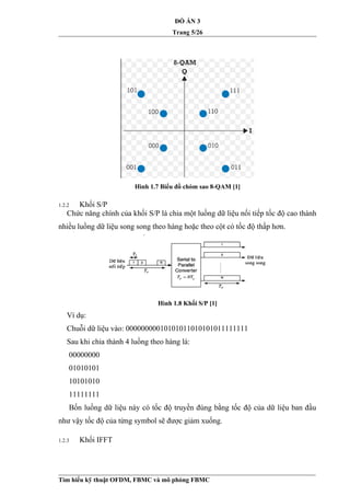 ĐỒ ÁN 3
Trang 5/26
Hình 1.7 Biểu đồ chòm sao 8-QAM [1]
1.2.2 Khối S/P
Chức năng chính của khối S/P là chia một luồng dữ liệu nối tiếp tốc độ cao thành
nhiều luồng dữ liệu song song theo hàng hoặc theo cột có tốc độ thấp hơn.
Hình 1.8 Khối S/P [1]
Ví dụ:
Chuỗi dữ liệu vào: 00000000010101011010101011111111
Sau khi chia thành 4 luồng theo hàng là:
00000000
01010101
10101010
11111111
Bốn luồng dữ liệu này có tốc độ truyền đúng bằng tốc độ của dữ liệu ban đầu
như vậy tốc độ của từng symbol sẽ được giảm xuống.
1.2.3 Khối IFFT
Tìm hiểu kỹ thuật OFDM, FBMC và mô phỏng FBMC
 