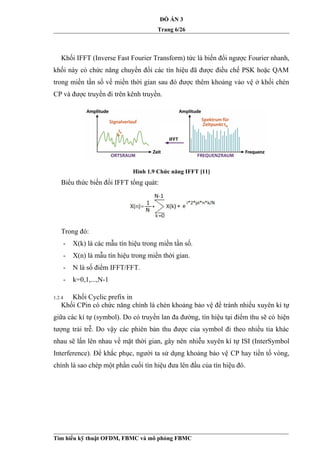 ĐỒ ÁN 3
Trang 6/26
Khối IFFT (Inverse Fast Fourier Transform) tức là biến đổi ngược Fourier nhanh,
khối này có chức năng chuyển đổi các tín hiệu đã được điều chế PSK hoặc QAM
trong miền tần số về miền thời gian sau đó được thêm khoảng vảo vệ ở khối chèn
CP và được truyền đi trên kênh truyền.
Hình 1.9 Chức năng IFFT [11]
Biểu thức biến đổi IFFT tổng quát:
Trong đó:
- X(k) là các mẫu tín hiệu trong miền tần số.
- X(n) là mẫu tín hiệu trong miền thời gian.
- N là số điểm IFFT/FFT.
- k=0,1,...,N-1
1.2.4 Khối Cyclic prefix in
Khối CPin có chức năng chính là chèn khoảng bảo vệ để tránh nhiều xuyên kí tự
giữa các kí tự (symbol). Do có truyền lan đa đường, tín hiệu tại điểm thu sẽ có hiện
tượng trải trễ. Do vậy các phiên bản thu được của symbol đi theo nhiều tia khác
nhau sẽ lấn lên nhau về mặt thời gian, gây nên nhiễu xuyên kí tự ISI (InterSymbol
Interference). Để khắc phục, người ta sử dụng khoảng bảo vệ CP hay tiền tố vòng,
chính là sao chép một phần cuối tìn hiệu đưa lên đầu của tín hiệu đó.
Tìm hiểu kỹ thuật OFDM, FBMC và mô phỏng FBMC
 