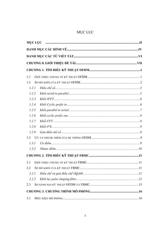 MỤC LỤC
MỤC LỤC .....................................................................................................................II
DANH MỤC CÁC HÌNH VẼ.........................................................................................IV
DANH MỤC CÁC TỪ VIẾT TẮT................................................................................VI
CHƯƠNG 0. GIỚI THIỆU ĐỀ TÀI............................................................................VII
CHƯƠNG 1. TÌM HIỂU KỸ THUẬT OFDM...............................................................1
1.1 GIỚI THIỆU CHUNG VỀ KỸ THUẬT OFDM..................................................................1
1.2 SƠ ĐỒ KHỐI CỦA KỸ THUẬT OFDM...........................................................................2
1.2.1 Điều chế số..........................................................................................................3
1.2.2 Khối serial to parallel.........................................................................................5
1.2.3 Khối IFFT...........................................................................................................6
1.2.4 Khối Cyclic prefix in...........................................................................................6
1.2.5 Khối parallel to serial.........................................................................................7
1.2.6 Khối cyclic prefix out..........................................................................................8
1.2.7 Khối FFT.............................................................................................................8
1.2.8 Khối P/S..............................................................................................................9
1.2.9 Giải điều chế số..................................................................................................9
1.3 ƯU VÀ NHƯỢC ĐIỂM CỦA HỆ THỐNG OFDM.............................................................9
1.3.1 Ưu điểm...............................................................................................................9
1.3.2 Nhược điểm.......................................................................................................10
CHƯƠNG 2. TÌM HIỂU KỸ THUẬT FBMC..............................................................11
2.1 GIỚI THIỆU CHUNG VỀ KỸ THUẬT FBMC................................................................11
2.2 SƠ ĐỒ KHỐI CỦA KỸ THUẬT FBMC.........................................................................11
2.2.1 Điều chế và giải điều chế OQAM.....................................................................12
2.2.2 Khối lọc pulse shaping filter.............................................................................13
2.3 SO SÁNH HAI KỸ THUẬT OFDM VÀ FBMC.............................................................15
CHƯƠNG 3. CHƯƠNG TRÌNH MÔ PHỎNG............................................................16
3.1 ĐIỀU KIỆN MÔ PHỎNG..............................................................................................16
ii
 
