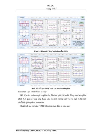 ĐỒ ÁN 3
Trang 17/26
Hình 3.2 Kết quả FBMC ngõ vào ngẫu nhiên
Hình 3.3 Kết quả FBMC ngõ vào nhập từ bàn phím
Nhận xét: Dựa vào kết quả ta thấy
Dữ liệu nhị phân ở ngõ ra phía thu đã được giải điều chế đúng như bên phía
phát. Kết quả này đáp ứng được yêu cầu mô phỏng ngõ vào và ngõ ra là một
chuỗi bit giống nhau hoàn toàn.
Quá trình tạo tín hiệu FBMC bên phía phát diễn ra như sau:
Tìm hiểu kỹ thuật OFDM, FBMC và mô phỏng FBMC
 