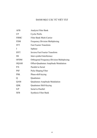 DANH MỤC CÁC TỪ VIẾT TẮT
AFB Analysis Filter Bank
CP Cyclic Prefix
FBMC Filter Bank Multi-Carrier
FDM Frequency Division Multiplexing
FFT Fast Fourier Transform
I Inphase
IFFT Inverse Fast Fourier Transform
ISI Inter-symbol Interference
OFDM Orthogonal Frequency-Division Multiplexing
OQAM Offset-Quadrature Amplitude Modulation
P/S Parallel to Serial
PSF Pulse Shaping Filter
PSK Phase-shift keying
Q Quadrature
QAM Quadrature Amplitude Modulation
QSK Quadrature Shift Keying
S/P Serial to Parallel
SFB Synthesis Filter Bank
vi
 