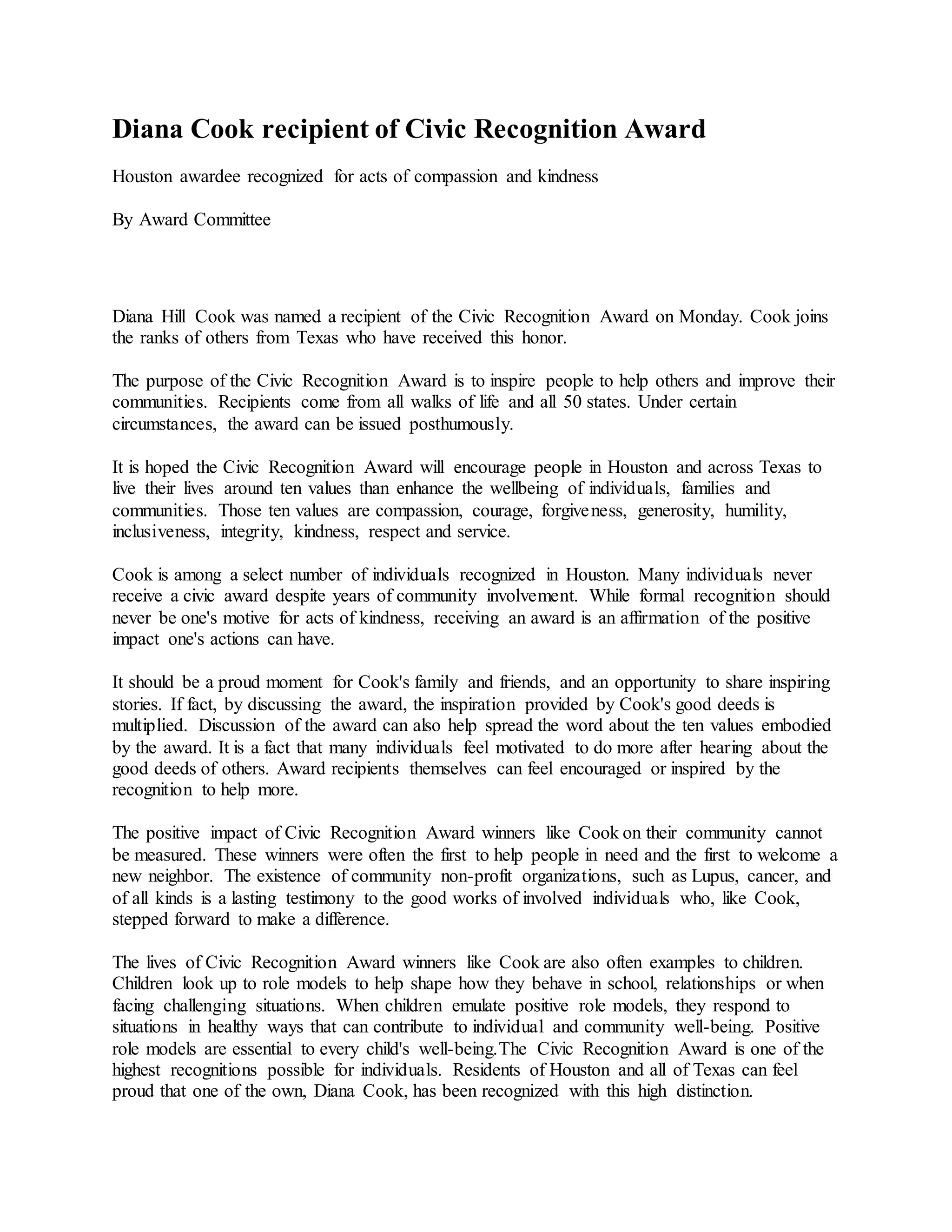 Diana Cook recipient of Civic Recognition Award | DOCX
