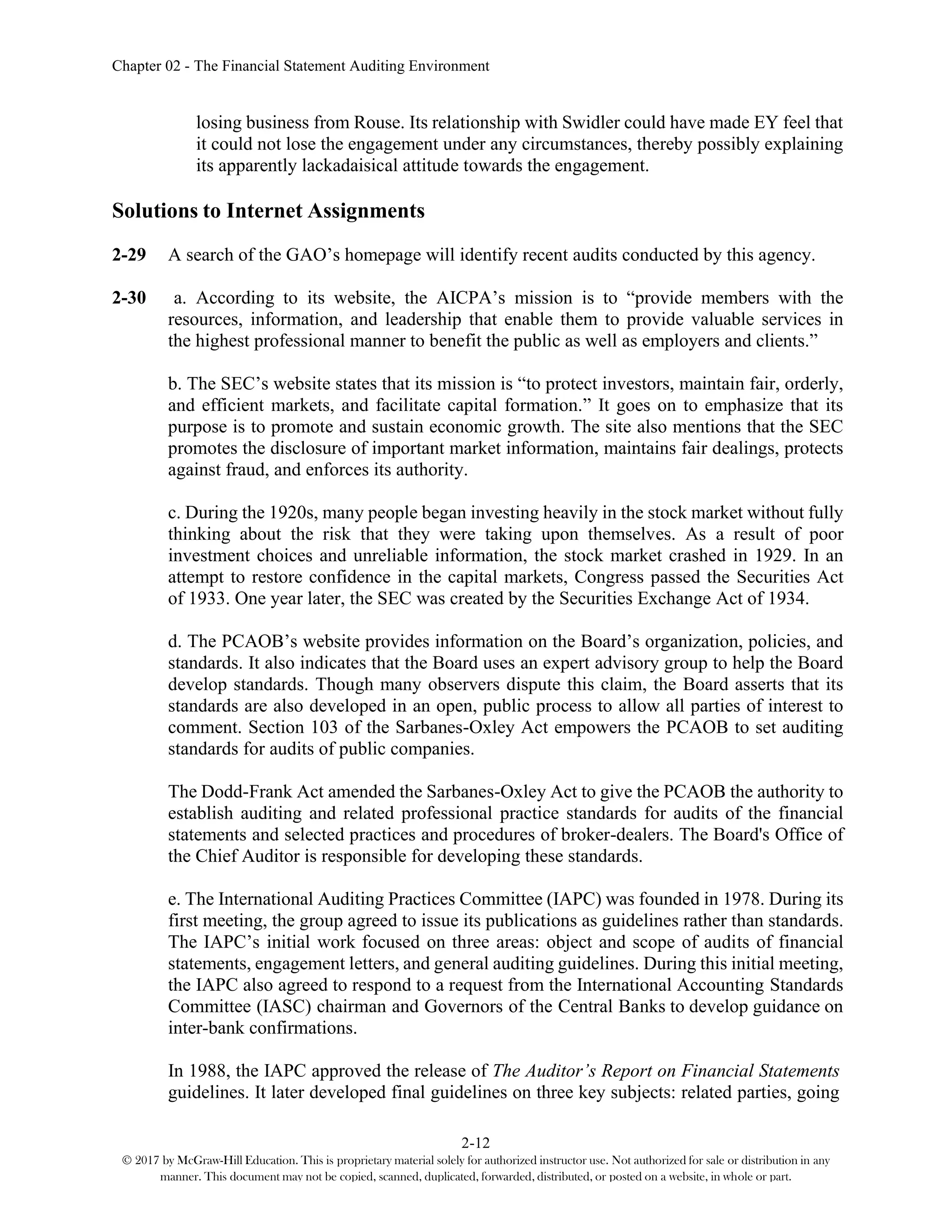 Chapter 02 - The Financial Statement Auditing Environment
2-12
© 2017 by McGraw-Hill Education. This is proprietary material solely for authorized instructor use. Not authorized for sale or distribution in any
manner. This document may not be copied, scanned, duplicated, forwarded, distributed, or posted on a website, in whole or part.
losing business from Rouse. Its relationship with Swidler could have made EY feel that
it could not lose the engagement under any circumstances, thereby possibly explaining
its apparently lackadaisical attitude towards the engagement.
Solutions to Internet Assignments
2-29 A search of the GAO’s homepage will identify recent audits conducted by this agency.
2-30 a. According to its website, the AICPA’s mission is to “provide members with the
resources, information, and leadership that enable them to provide valuable services in
the highest professional manner to benefit the public as well as employers and clients.”
b. The SEC’s website states that its mission is “to protect investors, maintain fair, orderly,
and efficient markets, and facilitate capital formation.” It goes on to emphasize that its
purpose is to promote and sustain economic growth. The site also mentions that the SEC
promotes the disclosure of important market information, maintains fair dealings, protects
against fraud, and enforces its authority.
c. During the 1920s, many people began investing heavily in the stock market without fully
thinking about the risk that they were taking upon themselves. As a result of poor
investment choices and unreliable information, the stock market crashed in 1929. In an
attempt to restore confidence in the capital markets, Congress passed the Securities Act
of 1933. One year later, the SEC was created by the Securities Exchange Act of 1934.
d. The PCAOB’s website provides information on the Board’s organization, policies, and
standards. It also indicates that the Board uses an expert advisory group to help the Board
develop standards. Though many observers dispute this claim, the Board asserts that its
standards are also developed in an open, public process to allow all parties of interest to
comment. Section 103 of the Sarbanes-Oxley Act empowers the PCAOB to set auditing
standards for audits of public companies.
The Dodd-Frank Act amended the Sarbanes-Oxley Act to give the PCAOB the authority to
establish auditing and related professional practice standards for audits of the financial
statements and selected practices and procedures of broker-dealers. The Board's Office of
the Chief Auditor is responsible for developing these standards.
e. The International Auditing Practices Committee (IAPC) was founded in 1978. During its
first meeting, the group agreed to issue its publications as guidelines rather than standards.
The IAPC’s initial work focused on three areas: object and scope of audits of financial
statements, engagement letters, and general auditing guidelines. During this initial meeting,
the IAPC also agreed to respond to a request from the International Accounting Standards
Committee (IASC) chairman and Governors of the Central Banks to develop guidance on
inter-bank confirmations.
In 1988, the IAPC approved the release of The Auditor’s Report on Financial Statements
guidelines. It later developed final guidelines on three key subjects: related parties, going
 