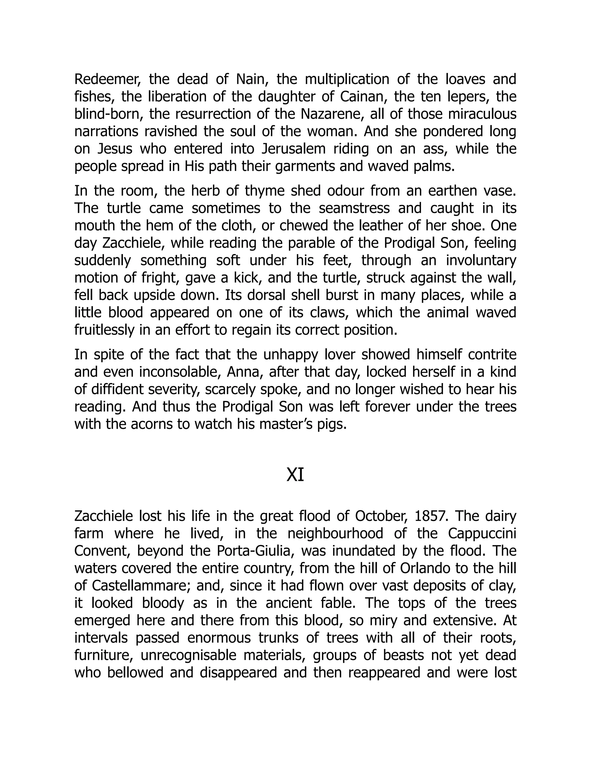 Redeemer, the dead of Nain, the multiplication of the loaves and
fishes, the liberation of the daughter of Cainan, the ten lepers, the
blind-born, the resurrection of the Nazarene, all of those miraculous
narrations ravished the soul of the woman. And she pondered long
on Jesus who entered into Jerusalem riding on an ass, while the
people spread in His path their garments and waved palms.
In the room, the herb of thyme shed odour from an earthen vase.
The turtle came sometimes to the seamstress and caught in its
mouth the hem of the cloth, or chewed the leather of her shoe. One
day Zacchiele, while reading the parable of the Prodigal Son, feeling
suddenly something soft under his feet, through an involuntary
motion of fright, gave a kick, and the turtle, struck against the wall,
fell back upside down. Its dorsal shell burst in many places, while a
little blood appeared on one of its claws, which the animal waved
fruitlessly in an effort to regain its correct position.
In spite of the fact that the unhappy lover showed himself contrite
and even inconsolable, Anna, after that day, locked herself in a kind
of diffident severity, scarcely spoke, and no longer wished to hear his
reading. And thus the Prodigal Son was left forever under the trees
with the acorns to watch his master’s pigs.
XI
Zacchiele lost his life in the great flood of October, 1857. The dairy
farm where he lived, in the neighbourhood of the Cappuccini
Convent, beyond the Porta-Giulia, was inundated by the flood. The
waters covered the entire country, from the hill of Orlando to the hill
of Castellammare; and, since it had flown over vast deposits of clay,
it looked bloody as in the ancient fable. The tops of the trees
emerged here and there from this blood, so miry and extensive. At
intervals passed enormous trunks of trees with all of their roots,
furniture, unrecognisable materials, groups of beasts not yet dead
who bellowed and disappeared and then reappeared and were lost
 