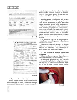 Manual de prácticas
Endodoncia clínica
12
a) Llenado de la historia clínica
Historia médica— Se irán anotando las respuestas
correspondientes, en caso de existir o detectar alguna
anormalidad, el alumno deberá consultar con el profe-
Figura 1
Figura 2
Figura 3
sor de clínica, por ejemplo si el paciente dice padecer
diabetes o fiebre reumática, habrá que ser más minu-
ciosos en la información que nos pueda proporcionar
el mismo sobre dichos padecimientos.
Historia odontológica— Para llenar la ficha odon-
tológica se irá haciendo una serie de preguntas al pa-
ciente sobre el problema que lo aqueja, por ejemplo
¿cuál es el motivo de su visita? o ¿qué problema tiene?
Una vez que el paciente nos platica sobre su pro-
blema principal (por ejemplo: dice sentir punzadas),
vamos a guiarlo con una serie de preguntas cuyas res-
puestas iremos anotando en nuestro expediente, por
ejemplo: ¿le duele al frío o al calor? En caso de res-
puestas afirmativas palomeamos el cuadro correspon-
diente, en caso de respuesta negativa, colocaremos
una cruz.
A los síntomas que el paciente nos informa que siente
y lo explica con sus propias palabras, le denominamos
sintomatología subjetiva.
Cuando nosotros queremos reproducir los síntomas
a través de pruebas como las térmicas, percusión,
palpación, etc., le llamamos a estos síntomas que no-
sotros reproducimos sintomatología objetiva.
b) Cómo realizar las pruebas diagnósticas
principales
Podremos auxiliarnos con pruebas diagnósticas como
la percusión, palpación y los tests térmicos.
La percusión la podemos llevar a cabo golpeando
el diente afectado y los dientes contiguos de una ma-
nera muy suave, en sentido vertical y horizontal (figura
3). En caso de obtener respuesta positiva, es decir,
 