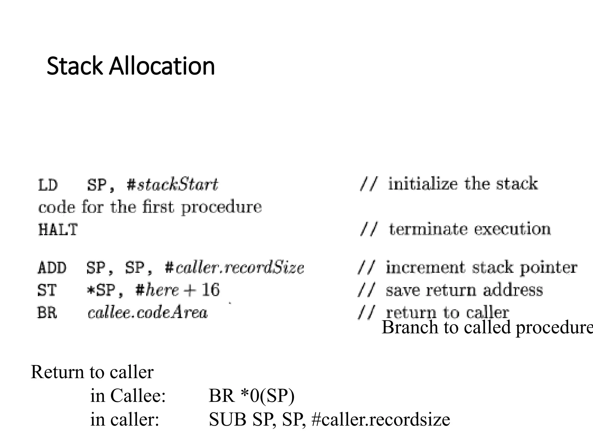 Stack Allocation
Return to caller
in Callee: BR *0(SP)
in caller: SUB SP, SP, #caller.recordsize
Branch to called procedure
 