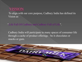 To align with our core purpose, Cadbury India has defined its
Vision as

"Life Full Of Cadbury and Cadbury Full of Life".

Cadbury India will participate in many spaces of consumer life
through a cache of product offerings - be it chocolates or
snacks or gum.
 