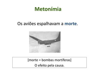 Metonímia
Os aviões espalhavam a morte.
[morte = bombas mortíferas]
O efeito pela causa.
 