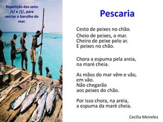 Pescaria
Cesto de peixes no chão.
Cheio de peixes, o mar.
Cheiro de peixe pelo ar.
E peixes no chão.
Chora a espuma pela areia,
na maré cheia.
As mãos do mar vêm e vão,
em vão.
Não chegarão
aos peixes do chão.
Por isso chora, na areia,
a espuma da maré cheia.
Cecília Meireles
Repetição dos sons
/s/ e /∫/, para
recriar o barulho do
mar.
 