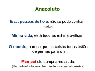 Anacoluto
Essas pessoas de hoje, não se pode confiar
nelas.
Minha vida, está tudo às mil maravilhas.
O mundo, parece que as coisas todas estão
de pernas para o ar.
Meu pai ele sempre me ajuda.
[Uso indevido do anacoluto: sentença com dois sujeitos]
 