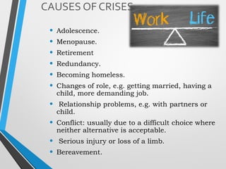 CAUSES OF CRISES:
• Adolescence.
• Menopause.
• Retirement
• Redundancy.
• Becoming homeless.
• Changes of role, e.g. getting married, having a
child, more demanding job.
• Relationship problems, e.g. with partners or
child.
• Conflict: usually due to a difficult choice where
neither alternative is acceptable.
• Serious injury or loss of a limb.
• Bereavement.
 