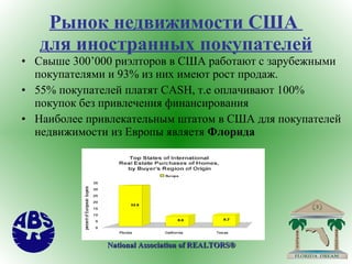 Рынок недвижимости США  для иностранных покупателей Свыше 300 ’ 000 риэлторов в США работают с зарубежными покупателями и 93% из них имеют рост продаж. 55% покупателей платят  CASH , т.е оплачивают 100% покупок без привлечения финансирования Наиболее привлекательным штатом в США для покупателей недвижимости из Европы являетя  Флорида National Association of REALTORS®   