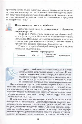 протравливатели семян, смазочные масла и растворители, белково­
витаминные концентраты, синтетическая этановая и другие кисло­
ты, продукция фармацевтической и парфюмерной промышленнос­
ти —вот неполный перечень изделий на основе нефти и продуктов
её переработки (рис. 41).
,
Исследуем вещества и их свойства
Лабораторныйопыт3.Ознакомление с образцами
нефтепродуктов.
З а д а н и е . Рассмотрите выданные вам образцы неф­
ти и нефтепродуктов. Выясните их агрегатное состояние,
цвет, запах. Используя материалы параграфа и дополни­
тельные информационные источники, выясните состав и
применение каждого образца нефтепродуктов.
Результаты проведённой работы оформите в рабочих
тетрадях в виде таблицы.
Образцы не( >тепродуктов
Название Состав Температура
кипения Применение
Кроме газообразных и жидких природных смесей
углеводородов встречаются также и твёрдые. К ним
V ' относится озокерит —смесь природных высокомоле­
кулярных твёрдых углеводородов с примесями жид­
ких масел и асфальтово-смолистых веществ. С виду
он напоминает пчелиный воск и имеет запах керосина.
Залежи озокерита размещены по обе стороны Карпат. В Ук­
раине его добывают в г. Бориславе. Озокерит — «чёрный воск»
или «застывшие слёзы земли» —в Прикарпатье был известен со
времён обнаружения там залежей нефти. Эта естественная смесь
твёрдых углеводородов имеет низкую температуру плавления
(в интервале 58-100 °С).
В медицине озокерит используют в лечебных целях в виде
озокеритовых аппликаций. Озокеритотерапия является рас­
пространённым методом теплолечения при многих заболеваниях
опорно-двигательной и других систем. Основное свойство озоке­
рита как лечебного средства заключается в стимуляции перифе­
рического кровообращения и обмена веществ, а также в успокаи­
вающем, противовоспалительном и антисептическом действии.
101
 