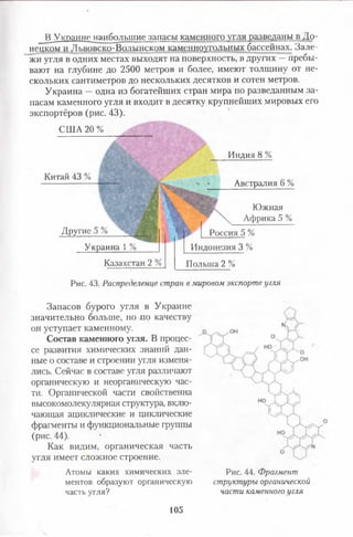 Индия 8 %
И Украине наибольшие запасы каменного угля разведаны в До-
нецком и Львовско-Волынском каменноугольных бассейнах. Зале­
жи угля в одних местах выходят на поверхность, в других —пребы­
вают на глубине до 2500 метров и более, имеют толщину от не­
скольких сантиметров до нескольких десятков и сотен метров.
Украина —одна из богатейших стран мира по разведанным за­
пасам каменного угля и входит в десятку крупнейших мировых его
экспортёров (рис. 43).
Китай 43 %
Австралия 6 %
США 20 %
Другие 5 %
Украина 1 %
Казахстан 2 %
Россия 5 %
Индонезия 3 %
Польша 2 %
Южная
Африка 5 %
Рис. 43. Распределениестранвмировомэкспортеугля
Запасов бурого угля в Украине
значительно больше, но по качеству
он уступает каменному.
Состав каменного угля. В процес­
се развития химических знаний дан­
ные о составе и строении угля изменя­
лись. Сейчас в составе угля различают
органическую и неорганическую час­
ти. Органической части свойственна
высокомолекулярная структура, вклю­
чающая ациклические и циклические
фрагменты и функциональные группы
(рис. 44).
Как видим, органическая часть
угля имеет сложное строение.
Атомы каких химических эле­
ментов образуют органическую
часть угля?
Рис. 44. Фрагментструктурыорганическойчастикаменногоугля
105
 