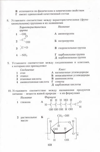 В отличаются по физическим и химическим свойствам
Г имеют одинаковый качественный состав
8. Установите соответствие между характеристическими (функ­
циональными) группами и их названиями
Характеристическая
группа
-О Н
О
- <
4он

с= о
Название
А аминогруппа
Б нитрогруппа
В гидроксильная группа
4 -Ы Н 2 Г карбонильная группа
Д карбоксильная группа
9. Установите соответствие между соединениями и классами,
к которым они принадлежат
Соединение
1 этан
2 этанол
3 этановая кислота
4 аминоэтановая кислота
Класс
А насыщенные углеводороды
Б ненасыщенные углеводороды
В аминокислоты
Г спирты
Д карбоновые кислоты
10. Установите соответствие между названиями продуктов
питания —веществ живой природы —и их формулами
Название
Н НО Н
I ! I //О
- с - с —
1 глюкоза
Формула
Н Н
А | |
И —С—С с-
I І I
он он он н он
н
2 растительное Б
масло
СН2-О Н
123
 