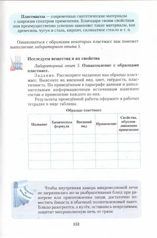 Пластмассы —современные синтетические материалы
с широким спектром применения. Благодаря своим свойствам
они преимущественно успешно заменяют такие материалы, как
древесина, чугун и сталь, кирпич, силикатное стекло и т. п.
Ознакомиться с образцами некоторых пластмасс вам поможет
выполнение лабораторного опыта 5.
Исследуем вещества и их свойства
Лабораторный опыт 5. Ознакомление с образцами
пластмасс.
За д а н и е . Рассмотрите выданные вам образцы пласт­
масс. Выясните их внешний вид, цвет, твёрдость, плас­
тичность. По приведённым в параграфе данным и допол­
нительным информационным источникам выясните
состав и применение каждого из них.
Результаты проведённой работы оформите в рабочих
тетрадях в виде таблицы.
Образцы пластмасс
Название
Химическая
формула
Внешний
вид
Применение
Свойства,
обуслов­
ливающие
применение
Чтобы внутренняя камера микроволновой печи
не загрязнялась из-за разбрызгивания блюд при ра­
зогреве или приготовлении пищи, достаточно по­
местить ёмкость в обычный полиэтиленовый пакет.
Блюдо разогреется, а кулёк, оставшись невредимым,
защитит микроволновую печь от грязи.
153
 