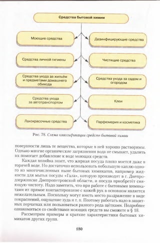 Средства бытовой химии
| Моющие средства
V / п Л^ | Дезинфицирующие средства
Средства личной гигиены ^
' Г?<-•ИЯ' .'!■ »'.■■■. <
! Чистящие средства
ч ^
(
Средства ухода за жильём
и предметами домашнего
обихода
і
Средства ухода
за автотранспортом
^ 4 1
Средства ухода за садом и
огородом
Клеи
Лакокрасочные средства Парфюмерия и косметика
Рис. 78. Схема классификации средств бытовой химии
поверхности лишь те вещества, которые в ней хорошо растворимы.
Однако многие органические загрязнения вода не смывает, удалить
их помогает добавление к воде моющих средств.
Каждая хозяйка знает, что жирная посуда плохо моется даже в
горячей воде. Но достаточно использовать небольшую каплю одно­
го из многочисленных ныне бытовых химикатов, например жид­
кости для мытья посуды «Гала», которую производят в г. Днепро­
дзержинске Днепропетровской области, и посуда приобретёт сия­
ющую чистоту. Надо заметить, что при работе с бытовыми химика­
тами их прямое контактирование с кожей рук в основном является
нежелательным. Поскольку могут иметь место раздражение в виде
покраснений, ощущение зуда и т. п. Поэтому работать надо в защит­
ных перчатках или пользоваться разного рода щётками. Подробнее
ознакомиться со свойствами моющих средств вы сможете в § 18.
Рассмотрим примеры и краткие характеристики бытовых хи­
микатов других групп.
180
 