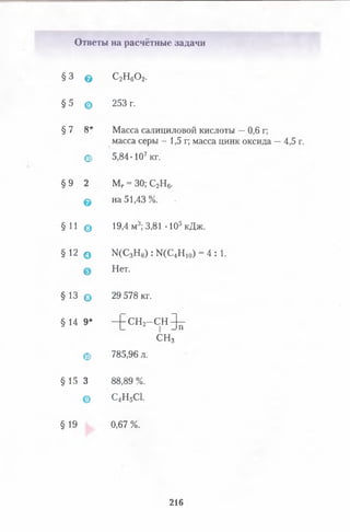 Ответы на расчётные задачи
§ 3 © с 2н 6о 2.
§ 5 Ф 253 г.
§ 7 8* Масса салициловой кислоты —0,6 г;
масса серы - 1,5 г; масса цинк оксида —4,5 г.
© 5,84-107кг.
§ 9 2 Мг = 30; С2Н6.
© на 51,43%.
§ 11 @ 19,4 м3; 3,81 •105 кДж.
§ 12 о Ы(С3Н8) : Щ ^ Н ю ) - 4 : 1.
@ Нет.
§13 © 29 578 кг.
§14 9* - £ С Н 2- С Н ^
СН3
(Д) 785,96 л.
§ 15 3 88,89 %.
© С4Н5С1.
§ 19 0,67 %.
216
 