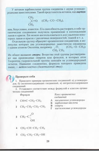 ---— 
У кетонов карбонильная группа соединена с двумя углеводо­
родными заместителями. Такой представитель кетонов, как ацетон
СН3
)с=0 (СН 3- С О - С Н 3),
СН3
вам, безусловно, известен. Его способность растворять в себе ор­
ганические соединения получила применение в изготовлении
лаков и красок. Ею можно воспользоваться и для удаления неко­
торых лаков и красок с различных поверхностей, тканей и т. д.
Отдельную группу образуют органические соединения, в мо­
лекулах которых два углеводородных заместителя соединены
с одним атомом Оксигена, например / 0  (СН 3—0 —СН3).
СН3 СН3
Их общее название этеры. Вещества этой группы рассматрива­
ют как производные спиртов или фенолов, в которых атом
Гидрогена гидроксильной группы замещён на углеводородный
остаток. Название соединения, формула которого приведена
выше, —метоксиметан (диметиловый этер).
) Проверьте себя
| $ 1. Приведите примеры органических соединений: а) углеводоро­
дов, б) оксигеносодержащих соединений, в) нитрогеносодержащих
соединений.
2. Установите соответствие между формулой и классом органи­
ческих соединений
Формула
1 СН =С-СН 2-С Н 3
2 СН3-С Н 2-С Н 2-С Н 3
/ °
3 СН3- С ^
ОН
Класс органических
соединений
А насыщенные углеводороды
Б карбоновые кислоты
В спирты
Г ацетиленовые углеводороды
4 СН2=С Н -С Н 2-С Н 3
5 СН3-С Н 2-С Н 2-О Н
29
 