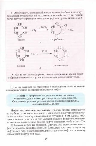 • Особенность химической связи атомов Карбона в молеку­
лах аренов отражается на их химических свойствах. Гак, бензен
легче вступает в реакции замещения (а), чем присоединения (б):
сн га
сн сн **, гес13 сн с '
II I + С12 ----------- ► II I + НС1
сн ^сн сн ^ сн
^сн сн
бензен хлоробензен
СН ^ С Н г
снГ^сн сн2 сн2
II I +зн2 --------► I I
СН ^ ,С Н СН2 ^ С Н 2
^ с г Г СН2
бензен циклогексан
• Как и все углеводороды, циклопарафины и арены горят
с образованием воды и углекислого газа и выделением тепла.
Не менее важным по сравнению с природным газом источни­
ком органических соединений является нефть.
Нефть —природная жидкая маслянистая смесь
углеводородов и некоторых неорганических веществ.
Основными углеводородами нефти являются парафины,
циклопарафины, арены.
Нефть как полезное ископаемое. Залежи нефти встречаются
на глубине от десятков метров до 6 км и более. На суше залежи это­
го ископаемого зачастую находятся на глубине 1-3 км, однако неф­
теносные пласты есть и на дне морей и океанов. В настоящее время
налажена промышленная добыча нефти с морских глубин (рис. 35).
Добывают нефть из скважин. Сначала это ископаемое может
фонтанировать самопроизвольно благодаря сжатому попутному
нефтяному газу. В дальнейшем для вытеснения нефти в скважину
закачивают воздух или воду.
93
 
