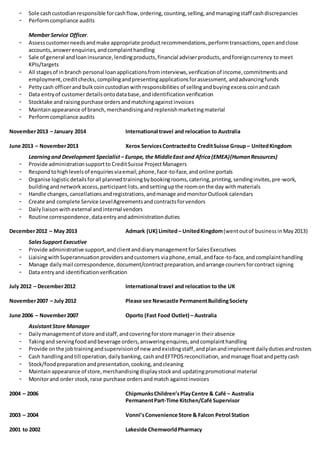 - Sole cashcustodianresponsible forcashflow,ordering,counting,selling,andmanagingstaff cashdiscrepancies
- Performcompliance audits
Member Service Officer.
- Assesscustomerneedsandmake appropriate productrecommendations,performtransactions,openandclose
accounts,answerenquiries,andcomplainthandling
- Sale of general andloan insurance,lendingproducts,financial adviserproducts,andforeigncurrency tomeet
KPIs/targets
- All stagesof in branch personal loanapplicationsfrominterviews,verificationof income,commitmentsand
employment,creditchecks,compilingandpresentingapplicationsforassessment, andadvancingfunds
- Pettycash officerandbulkcoincustodianwithresponsibilities of sellingandbuyingexcesscoinandcash
- Data entryof customerdetailsontodatabase,andidentificationverification
- Stocktake andraisingpurchase ordersandmatchingagainstinvoices
- Maintainappearance of branch,merchandisingandreplenishmarketingmaterial
- Performcompliance audits
November2013 – January 2014 International travel and relocation to Australia
June 2013 – November2013 Xerox ServicesContractedto CreditSuisse Group – UnitedKingdom
Learningand Development Specialist – Europe, the MiddleEast and Africa(EMEA)(HumanResources)
- Provide administrationsupportto CreditSuisse ProjectManagers
- Respondtohighlevelsof enquiriesviaemail,phone,face-to-face,andonline portals
- Organise logisticdetailsforall plannedtrainingbybookingrooms,catering,printing,sendinginvites,pre-work,
buildingandnetworkaccess,participantlists,andsettingupthe roomonthe day withmaterials
- Handle changes, cancellationsandregistrations,andmanage andmonitorOutlook calendars
- Create and complete Service LevelAgreementsandcontractsforvendors
- Dailyliaisonwith external andinternal vendors
- Routine correspondence,dataentry andadministrationduties
December2012 – May 2013 Admark (UK) Limited– UnitedKingdom(wentoutof businessinMay2013)
SalesSupport Executive
- Provide administrative support,andclientanddiarymanagementforSalesExecutives
- LiaisingwithSuperannuationprovidersandcustomers viaphone,email,andface-to-face,andcomplainthandling
- Manage dailymail correspondence,document/contractpreparation,andarrange couriersforcontract signing
- Data entryand identificationverification
July 2012 – December2012 International travel and relocation to the UK
November2007 – July 2012 Please see Newcastle PermanentBuildingSociety
June 2006 – November2007 Oporto (Fast Food Outlet) – Australia
AssistantStore Manager
- Dailymanagementof store andstaff,andcoveringforstore managerin theirabsence
- Takingand servingfoodandbeverage orders,answeringenquires,andcomplainthandling
- Provide onthe jobtrainingandsupervisionof new andexistingstaff,andplanandimplement dailyduties androsters
- Cash handlingandtill operation,dailybanking, cashandEFTPOSreconciliation, andmanage floatandpettycash
- Stock/foodpreparationandpresentation,cooking,andcleaning
- Maintainappearance of store,merchandisingdisplaystockand updatingpromotional material
- Monitorand order stock,raise purchase ordersandmatch againstinvoices
2004 – 2006 ChipmunksChildren’sPlayCentre & Café – Australia
PermanentPart-Time Kitchen/Café Supervisor
2003 – 2004 Vonni’sConvenience Store & Falcon Petrol Station
2001 to 2002 Lakeside ChemworldPharmacy
 