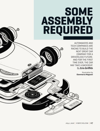 July 1, 2016 FORTUNE.COM 47
AUTOMAKERS AND
TECH COMPANIES ARE
RACING TO BUILD THE
NEXT GREAT CAR
COMPANY FOR A
DRIVERLESS FUTURE.
AND FOR THE FIRST
TIME EVER, THE CAR
MAY TAKE A BACKSEAT.
By Erin Griﬃth
SOME
ASSEMBLY
REQUIRED
Illustration by
Gianmarco Magnani
 