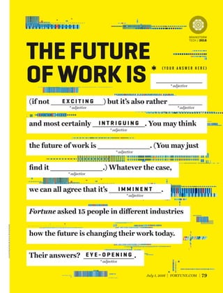 ( Y O U R A N S W E R H E R E )
*
July 1, 2016 FORTUNE.COM 79
* adjective
(if not ) but it’s also rather
and most certainly . You may think
the future of work is . (You may just
ﬁnd it .) Whatever the case,
we can all agree that it’s .
Fortune asked 15 people in different industries
how the future is changing their work today.
Their answers? .
* adjective
THE FUTURE
OF WORK IS
* adjective * adjective
* adjective
* adjective
* adjective
* adjective
BRAINSTORM
TECH / 2016
I N T R I G U I N G
E X C I T I N G
I M M I N E N T
E Y E - O P E N I N G
illustrationbykylewilkinson
 