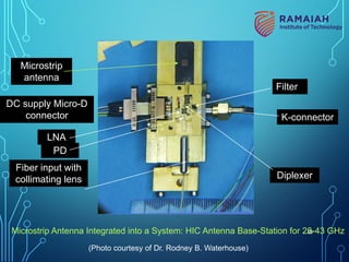 Microstrip Antenna Integrated into a System: HIC Antenna Base-Station for 28-43 GHz
Filter
Diplexer
LNA
PD
K-connector
DC supply Micro-D
connector
Microstrip
antenna
Fiber input with
collimating lens
(Photo courtesy of Dr. Rodney B. Waterhouse)
50
 